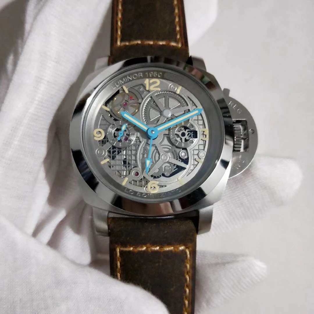 

Luxury Brand New Men Automatic Mechanical Sapphire Stainless Steel Watches Black Leather Watch Skeleton Pierced Hollow Luminous
