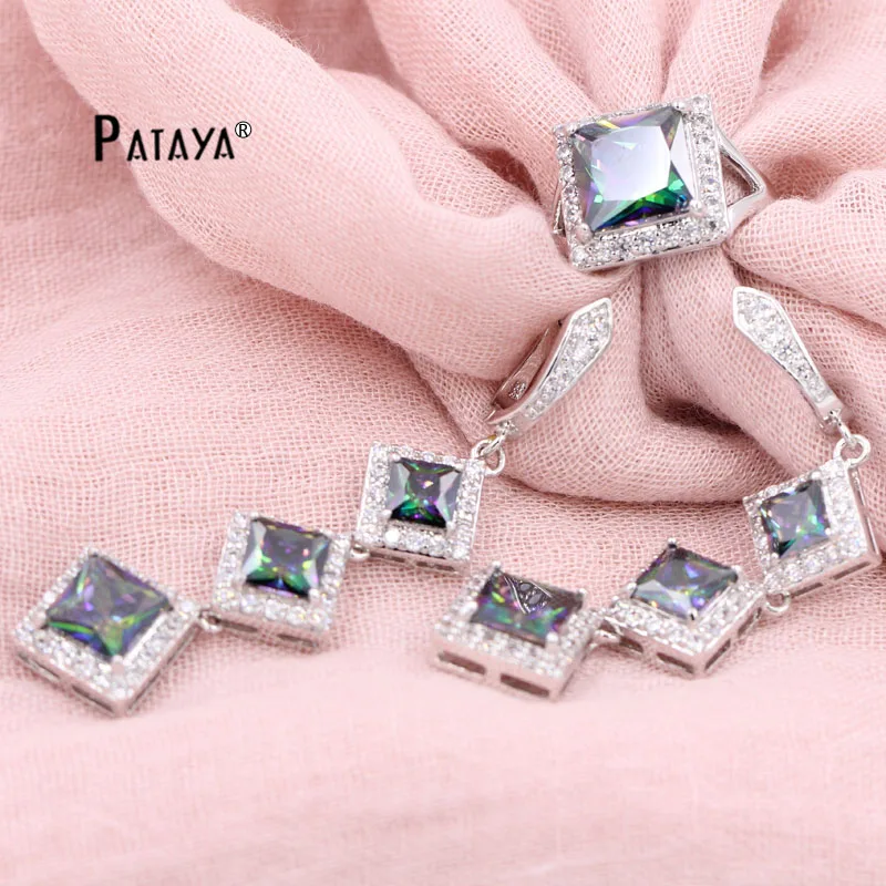 

PATAYA True White Gold Jewelry Set Rainbow Square Natural Cubic Zirconia Long Earrings Ring Weddings Accessories Bridal Jewelry