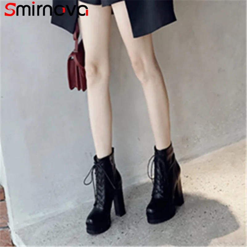 

Smirnova new arrive 2020 super high heel ankle boots cross tied square heels round toe fashion boots solid prevail women boots