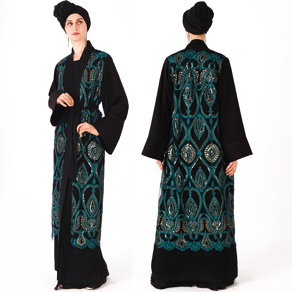 

Luxury Muslim Sequins Abaya Embroidery Maxi Dress Cardigan Tunic Kimono Long Robes Jubah Middle East Ramadan Arab Islamic Prayer