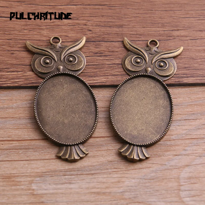 

PULCHRITUDE 3pcs 25*35mm Inner Size Antique Bronze Metal Alloy Simple Owl Cabochon Pendant Setting Jewelry Findings P6625