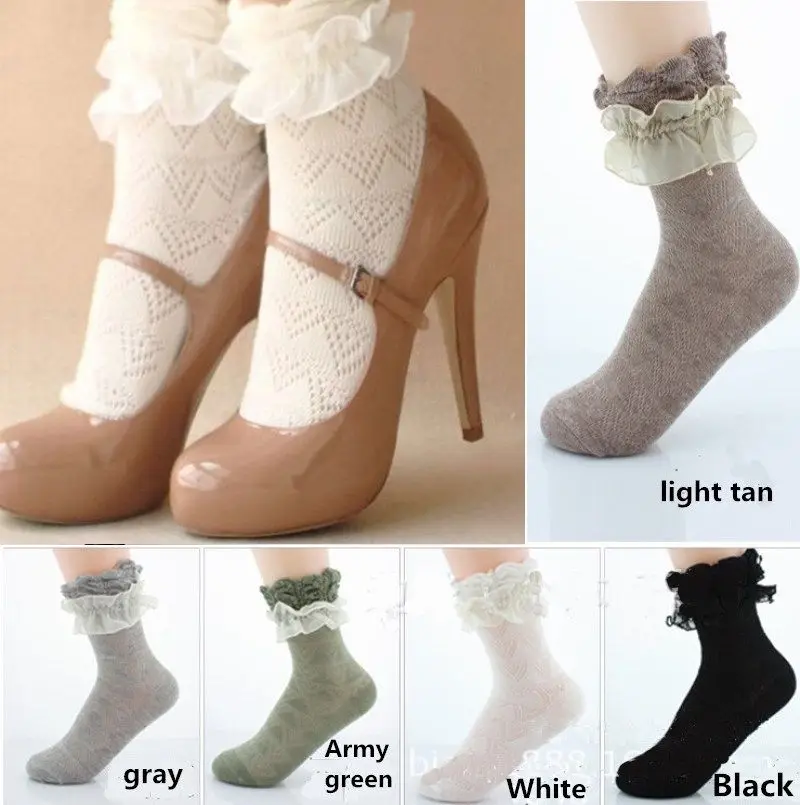 

1 Pair Retro Style Women Girls Lace Printed Ruffle Frilly Ankle Short Socks Ladies Princess Girl Cute Solid Socks