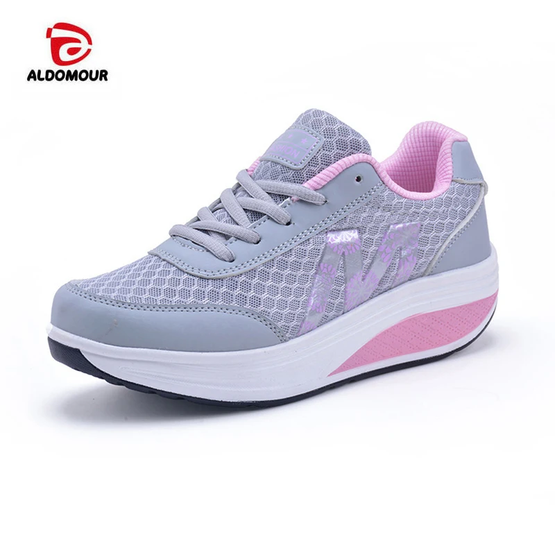 ALDOMOUR Mesh Lacing Women Toning Shoes Thick Soles Height Increased Breathable Wedges Swing Sneakers New Autumn Slmming Shoes