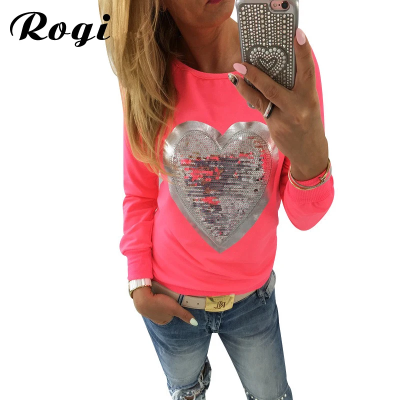 

Rogi Womens Hoodies 2019 Fashion Long Sleeve Female Sweatshirt Jumper Lovely Sequined Heart Pullovers Hoody Lady Tracksuits Tops