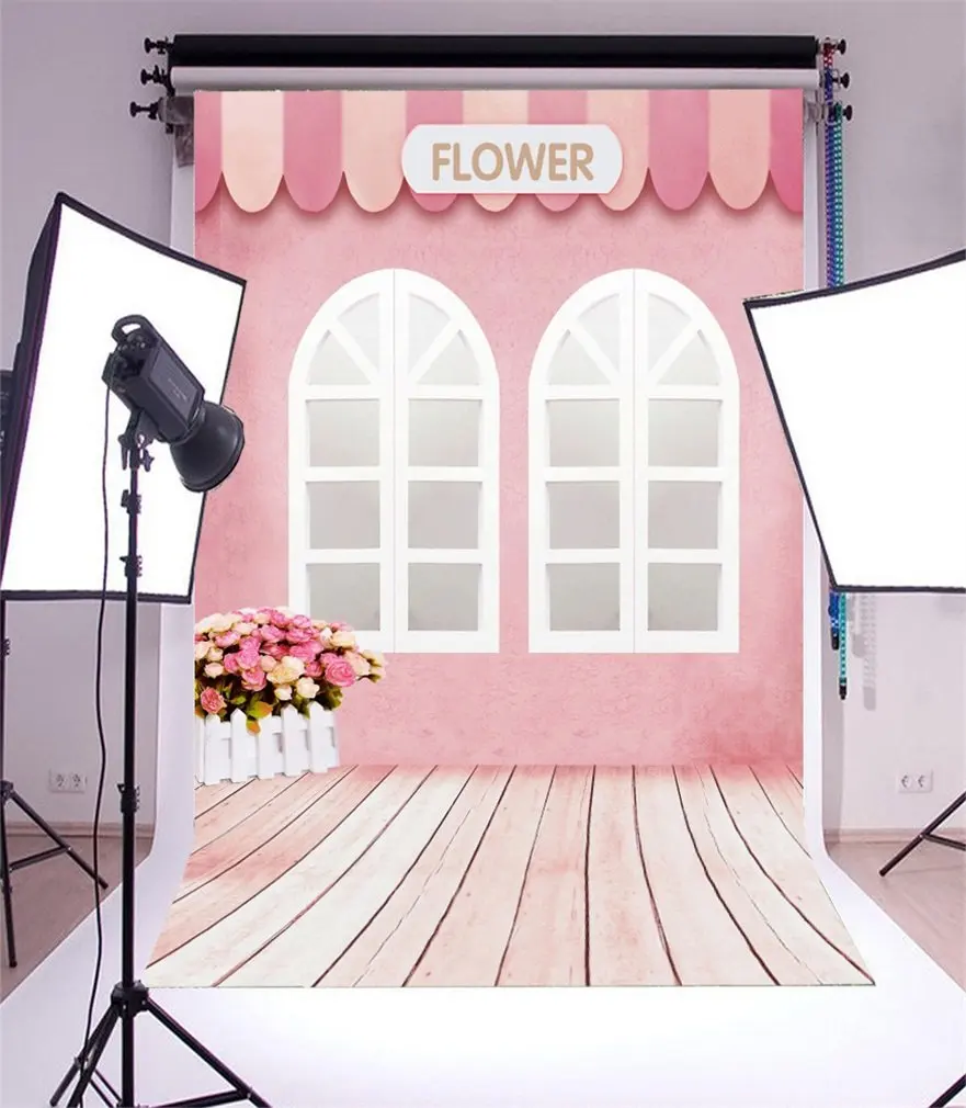 

Photography Backdrop Fresh Flower Shabby Chic Pink House White Window Nostalgia Stripes Wood Floor Romantic Photo Background