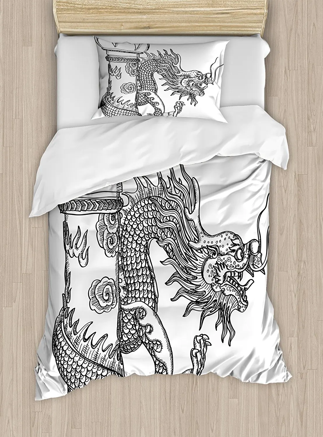 

Dragon Duvet Cover Set Chinese Style Sacred Creature Statue Sketch Medieval Monster Fantasy Tattoo Image 4 Piece Bedding Set