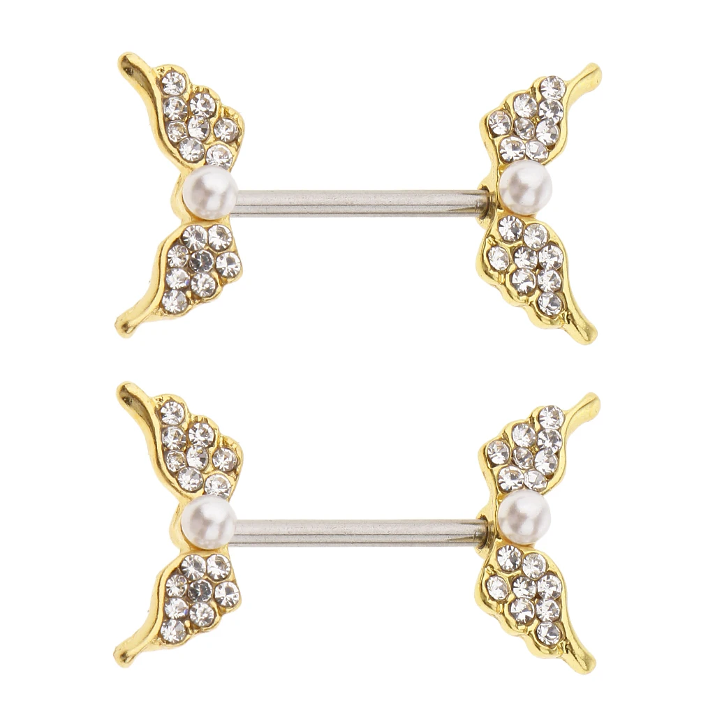 1 Pair Crystal Pearl Beads Angel Wing Shield Barbell Nipple Ring Stainless Steel Body Piercing 14 Gauge