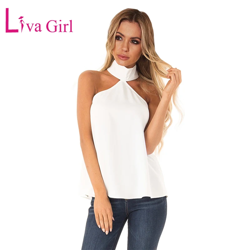 

LIVA GIRL Black/White/Red Sleeveless Halter Top with Keyhole Back Women Casual New Solid Sexy Hollow Out Tops for Female Clothes