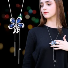 Длинное ожерелье, цепочка для свитера, Модная тонкая металлическая цепочка, синие хрустальные стразы, ожерелье с подвеской в виде цветка
