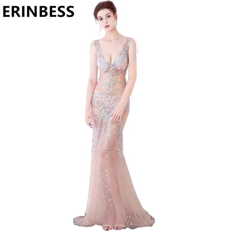

2019 Black Pink Mermaid Evening Dresses See Through Sexy V Neck Beaded Crystal Rhinestone Long Floor Length Formal Party Gowns
