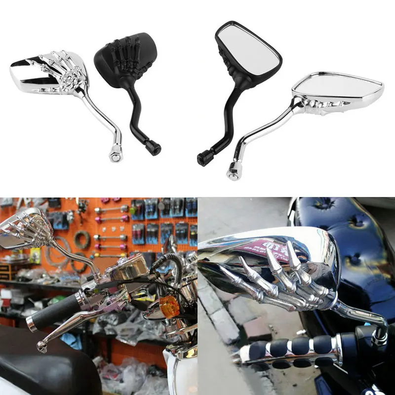 

2pcs Universal Motorcycle Chrome SKELETON Skull HAND Claw Side Rear View Mirrors 8mm 10mm Rearview Mirror