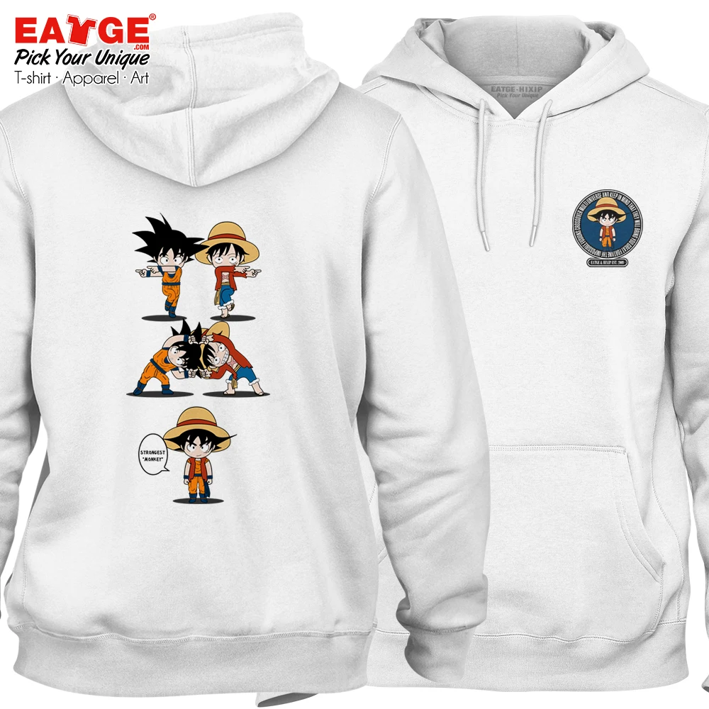 Novelty Unisex Warm Fleece White Pullover Skate Pop Design Funny Anime Crossover Sweatshirts Monkey Goku VS Luffy Hoodies | Мужская