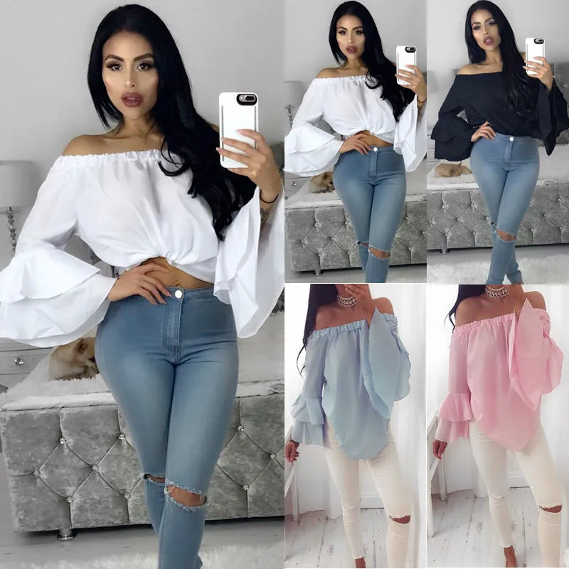 Fashion Summer 2019 Women Ladies Off Shoulder Tops Long Flare Sleeve Shirt Clothes Casual Blouse Loose Shirts | Женская одежда