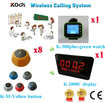 

Wireless Restaurant Call System Most Popular Long Range 433.92MHZ Service Customer Caller( 1 display+ 1 watch+ 8 call button)
