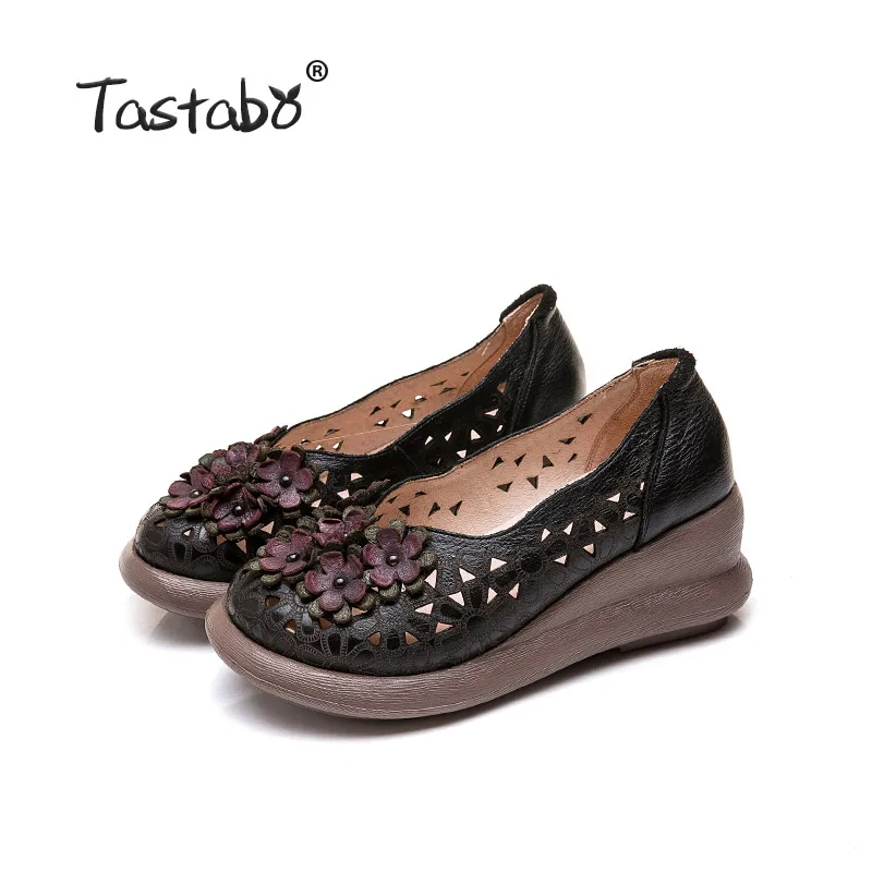 Tastabo/ г.; женская обувь с перфорацией; простая повседневная женская обувь; удобная обувь ручной работы с закрытым носком и цветочным узором - Цвет: Black