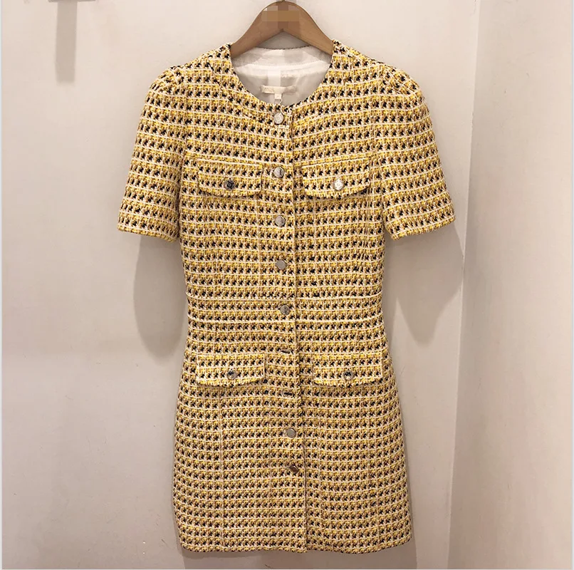 

Spring 2019 New Simple Little Breeze Short Sleeve Dress Joker Women Dress Women Mid-Calf Plaid Straight Sexy Women Dress