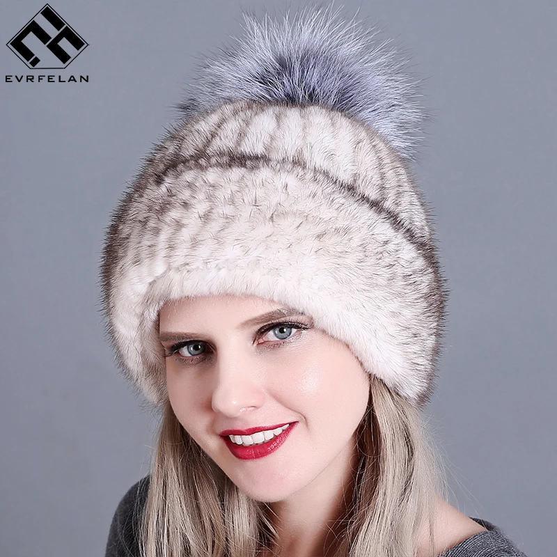 Evrfelan Fashion Thick Fur Winter Hats For Women Patchwork Pompoms