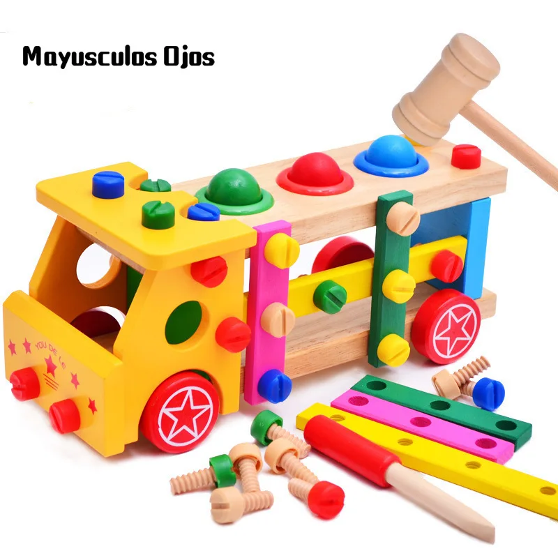 

ZH 1PC Wooden Assembled Screw Car Multi-Functional Knocking Ball Assembling Children Assembling Disassembling Educational Toys