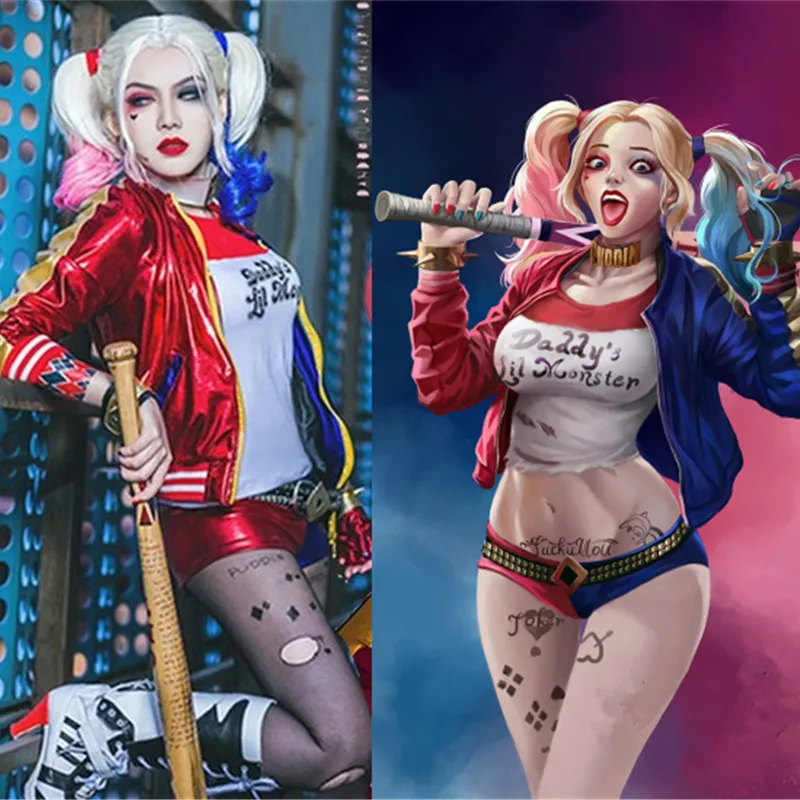 Purim ženy Femme dívky Harley Quinn Cosplay Suicide Squad kostým JOKER bunda obleky s parukou Nový rok Halloween kostým
