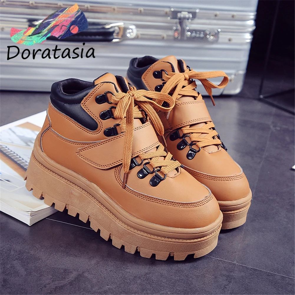 

DORATASIA 2019 New Hot Sale Girl Thick Platform Shoes Woman 2019 Autumn Fashion lace-up High Top Flats Women Shoes Woman