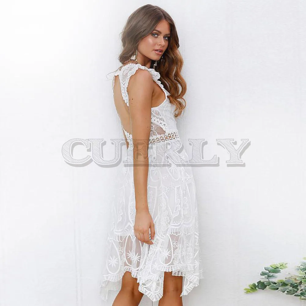 

Cuerly Boho White Lace Dress Women Backless Hollow Out Sexy Party Dresses Elegant Solid V Neck Summer Dress Vestidos Female L8