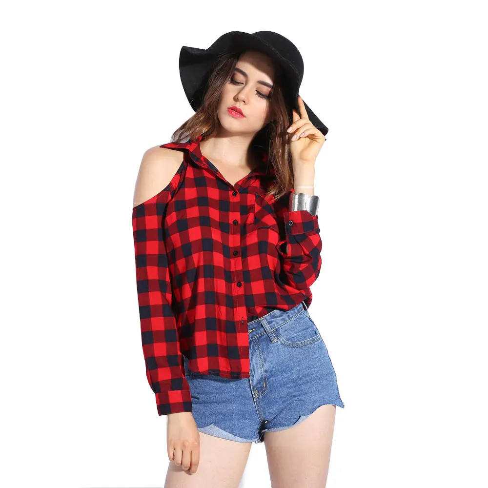 Women Red Plaid Shirt Sexy Blouses Long 