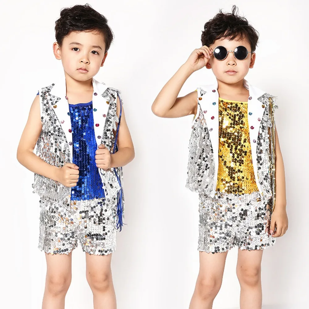 3PCs Kids Boys Summer Suit Modern Dance Costumes Sequins Sleeveless Hip