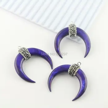 

Fashion 6Pcs Blue Shell Charm Pendant , Pave Rhinestone Crescent Moon Horn Pendants Jewelry Finding