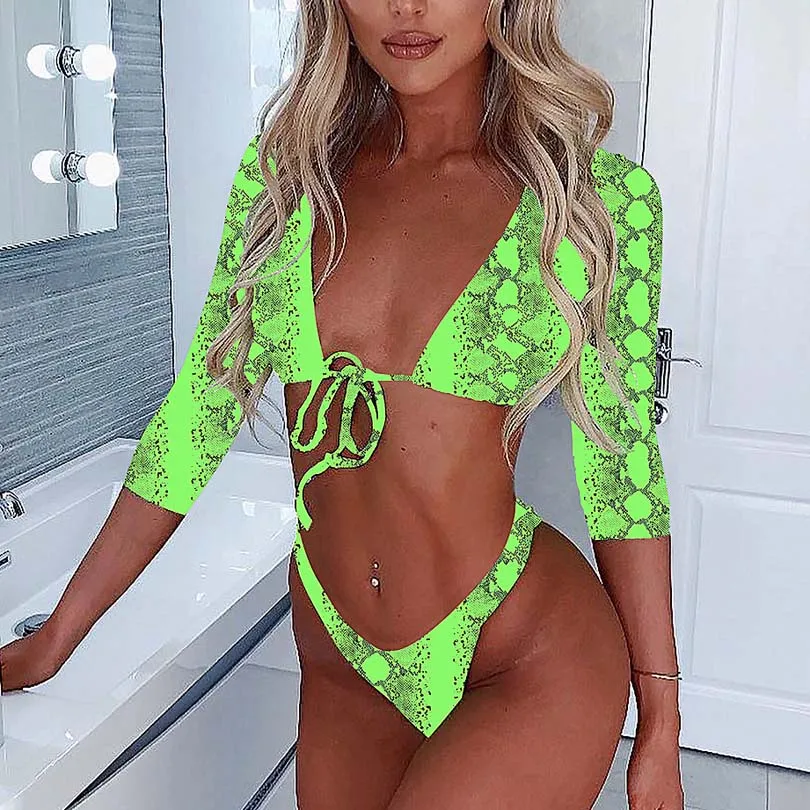 

Green One-shoulder Snake Skin Swimsuit Long Sleeve Female Sexy High Waist Bikini Set Women 2019 Brazilian Padded Bathing Suit