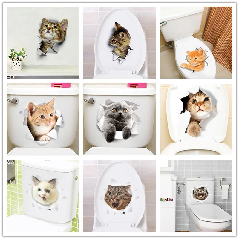 Lovely Cat Dog Toilet Stickers Home Decoration Diy Funny Cartoon Animal Wc Mural Art Vivid 3d Kitten Puppy Safari Pvc Wall Decal