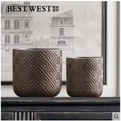 

Brown retro ceramic cylinder Dried flower vase pot home decor crafts room wedding decoration ornaments porcelain figurines gifts