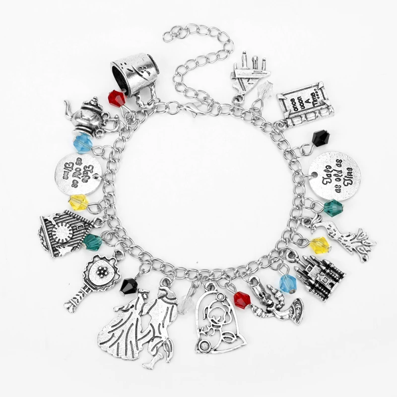 

Women Girl Charm Bracelets Beauty And Beast Magic Mirror Pendulum Candlestick Crystal Beads Pendant Cosplay Bracelets