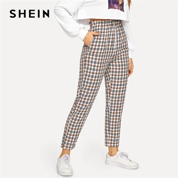 

SHEIN Multicolor Exposed Zip Fly Plaid Peg Straight Leg High Waist Cotton Fringe Pants 2018 Autumn Casual Workwear Trousers