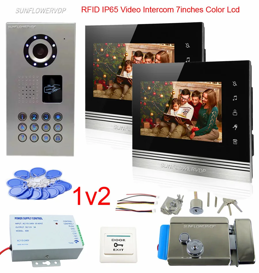 

2 Apartments Rfid Keyboard Camera Doorbell IP65 Waterproof Video Intercom System 7" Touch Buttons Monitor Doorbell Video+ Lock