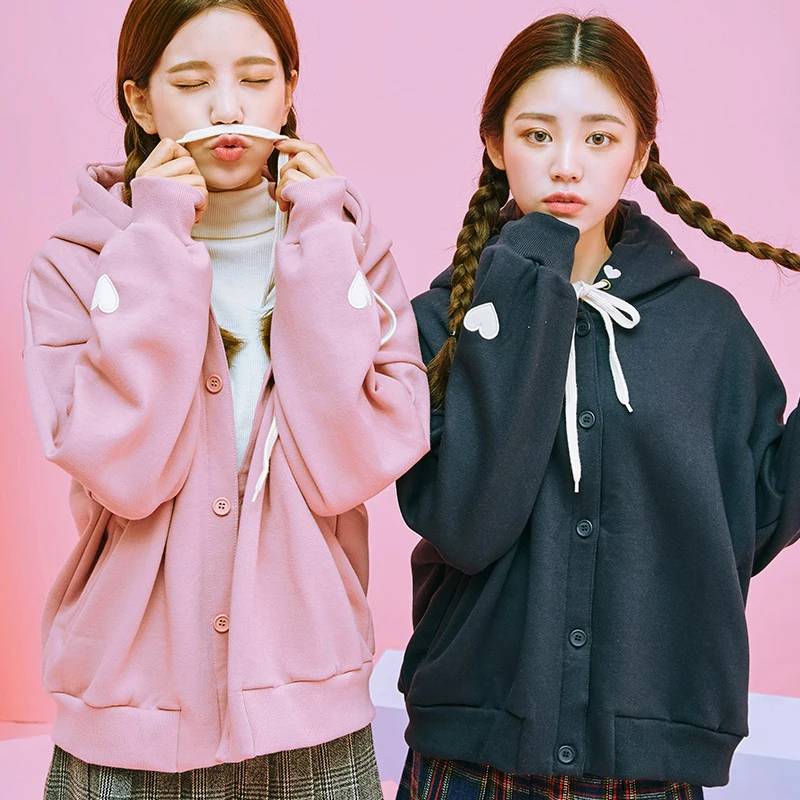 

2019 Autumn The New Korean Version of The Wind Cute Heart-shaped Embroidery Hooded Plus Velvet Women Harajuku Sweatershirt
