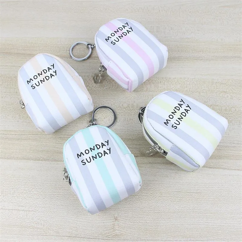 Simple Striped Mini Bag Keychain Silver Color Metal Zipper PU Leather