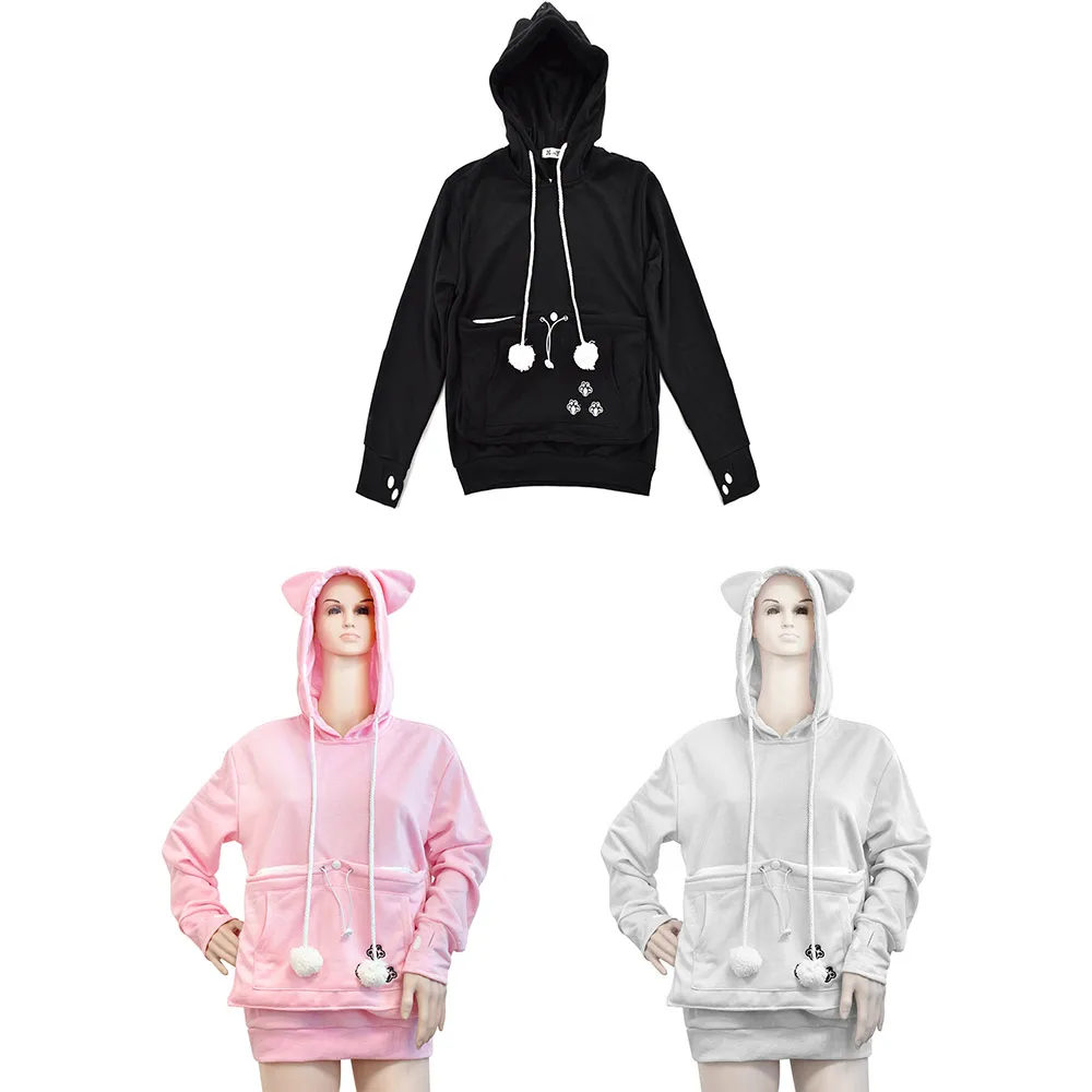 

Cute Sport Hooded, Women's Eared Kangaroo Pouch Hoodie, Little Pet Holder Pocket Sweatshirt Indoor or Outdoor
