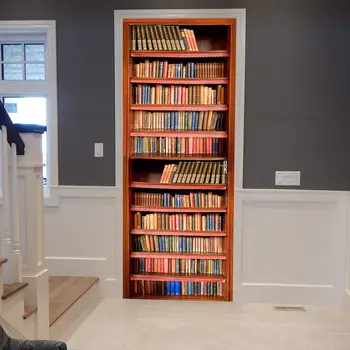 

New 3D Creative Bookcase Door Sticker DIY Mural Selfadhesive Wallpaper Removable Waterproof Poster Stickers Home Decor Decals