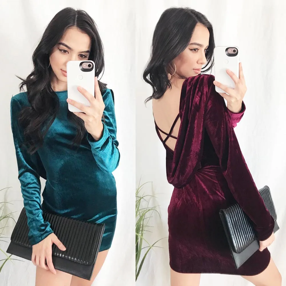 2019 Autumn Winter Gold Velvet Dress Women Long Sleeves Velour Robe