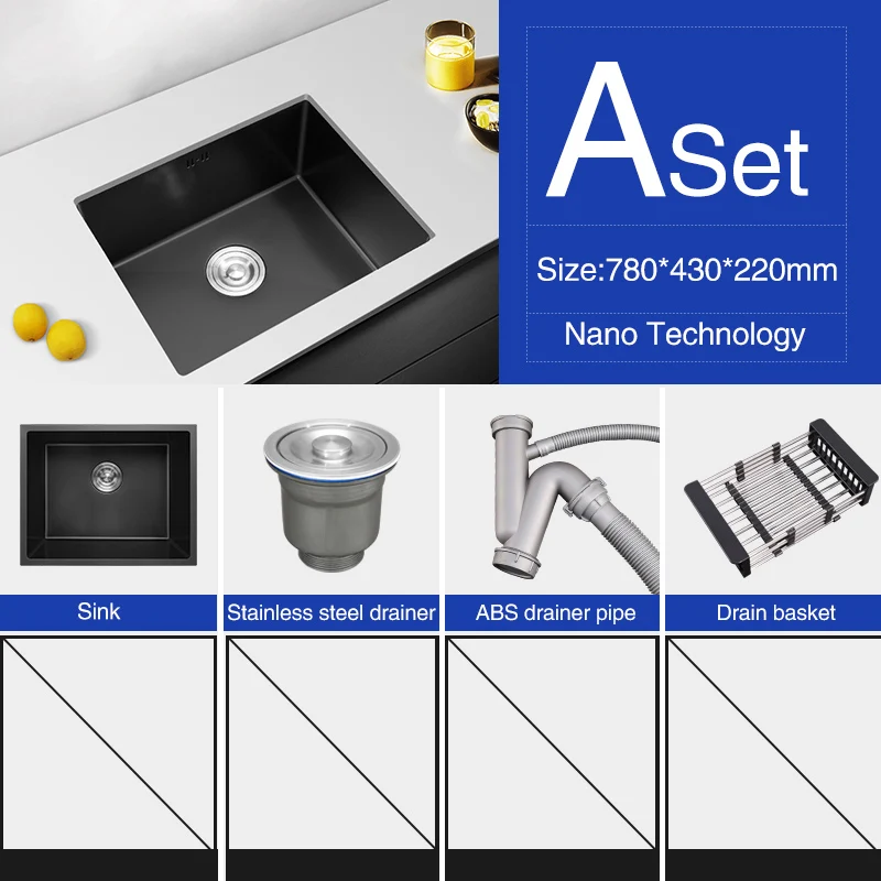 Кухонная мойка нанометровая Антибактериальная черная 304 нержавеющая сталь Одиночная большой размер кухонная раковина сливная корзина и сливная труба раковина - Цвет: Set-10