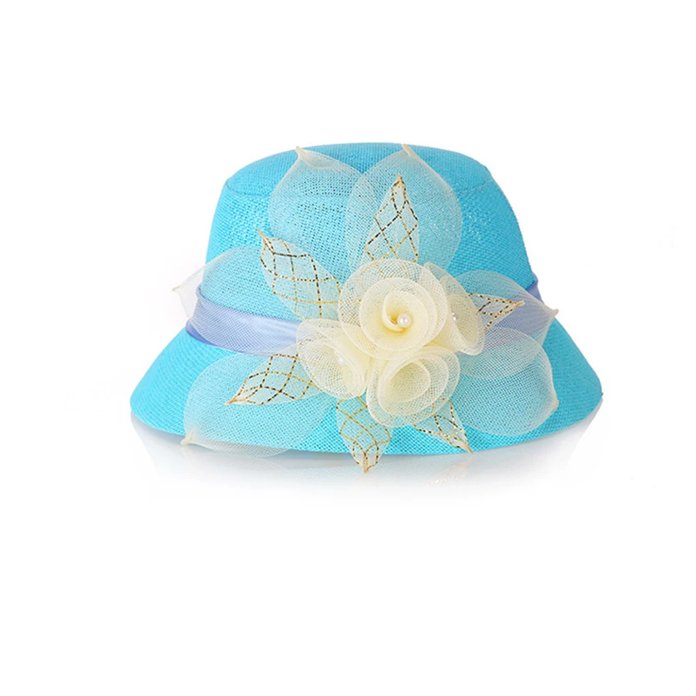 

56-60cm Linen Summer Hat UV Protection Big Flower Elegant Mesh Flat-Top Panama Straw Hat Big Wide Brim Beach Foldable 4 Colors