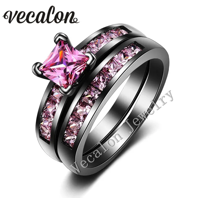 vecalon new fashion women engagement wedding band ring set pink stone aaaaa zircon cz 10kt black - Black And Pink Wedding Ring Sets vecalon new fashion women engagement wedding band ring set pink stone aaaaa zircon cz 10kt black - Black And Pink Wedding Ring Sets