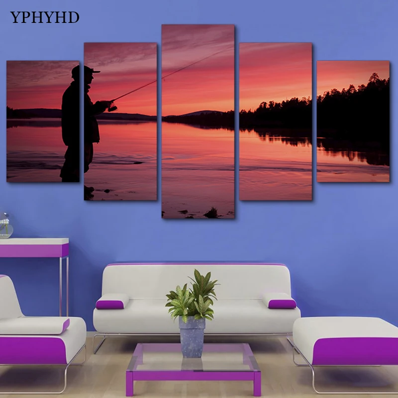 YPHYHD Modern 5 Piece Lake Fishing Painting Wall Art Red Sunset