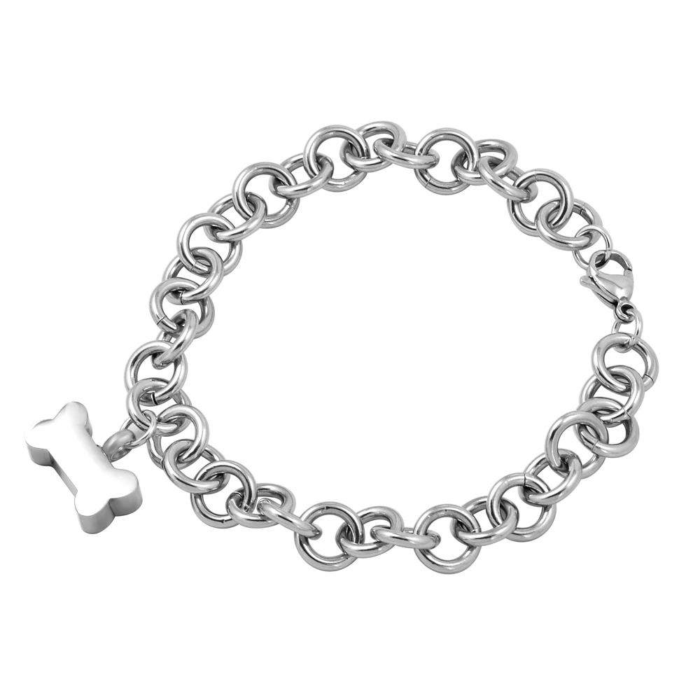 

IJB5084 Customized Engravable (Name/Words) Blank Dog Bone Cremation Urn Charm Stainless Steel Link Chain Bracelet For Ashes