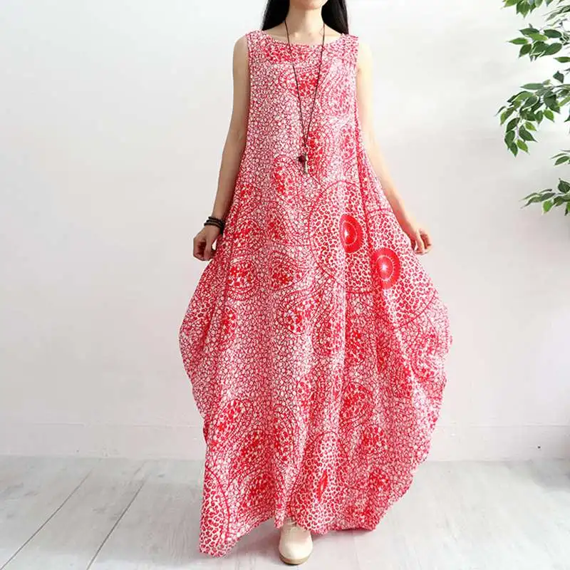 ZANZEA женское летнее платье с цветочным принтом без рукавов, повседневное Свободное длинное платье макси из хлопка и льна, платье-кафтан, платья Vestido - Цвет: Красный