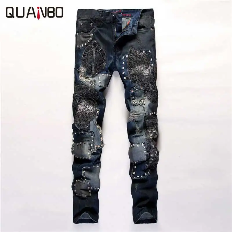 2019 New Arrival Designer Pants Fashion Embroidery Spliced Patchwork Punk Rock Star Rock nightclubs singers Jeans Slim 2019 New Arrival Designer Pants Fashion Embroidery Spliced Patchwork Punk Rock Star Rock nightclubs singers Jeans Slim