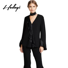 

Hodoyi 2018 Women Black V-Neck Sexy Sweet Shirts Ruffles Butterfly Sleeve Casual Halter Zipper Blouses Female Elegant Tops Lady