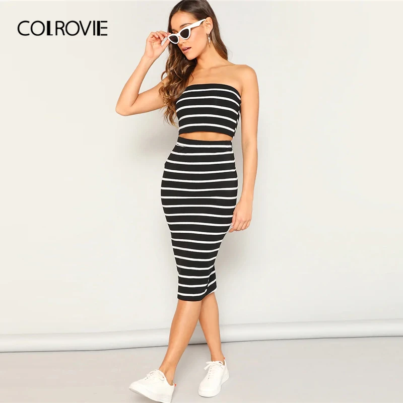 

COLROVIE Black Striped Strapless Crop Bandeau Top With Split Skirt Set Women Two Piece Set 2019 Summer Sleeveless Sexy Suit Set