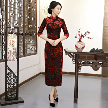 

New Winter Velvet Classic Chinese Cheongsam Traditional Embroidery Flower Qipao Sexy High Split Long Dress Vestidos S-3XL