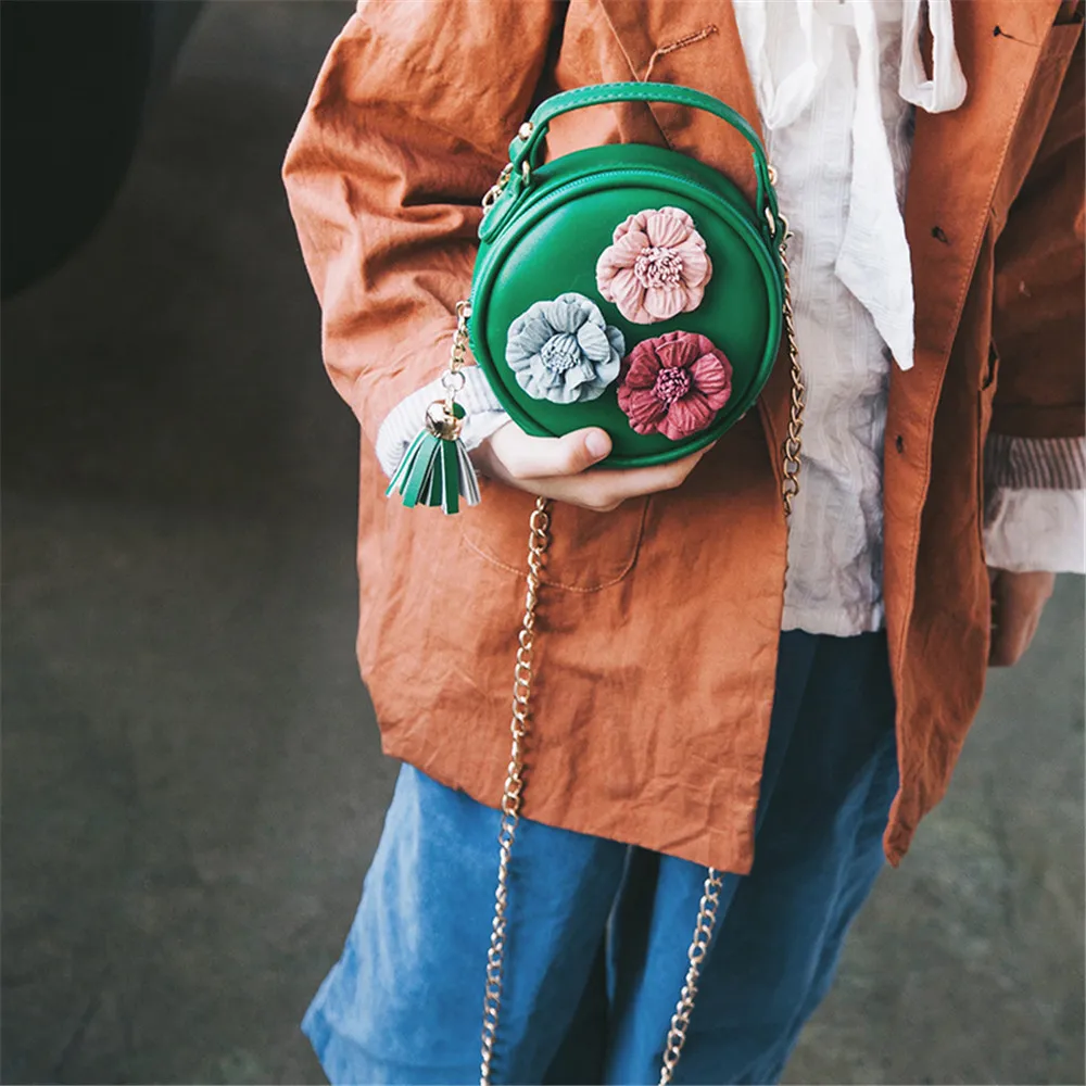 Детская сумка на плечо с кисточками круглой формы и цветочным рисунком, популярная мини-сумка-мессенджер N21